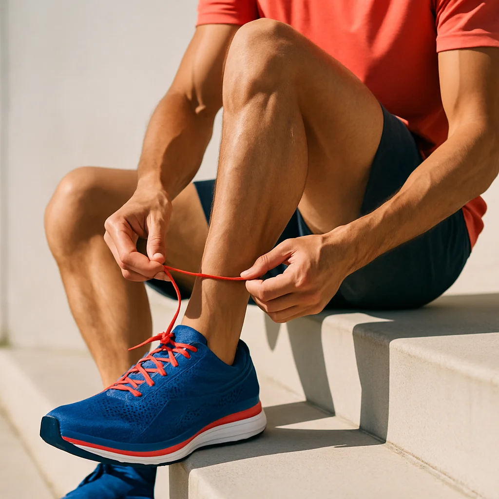 A dedicated runner in motion on an open road at dawn, wearing carbon-plated race shoes and a GPS watch, mid-stride with city lights fading behind them